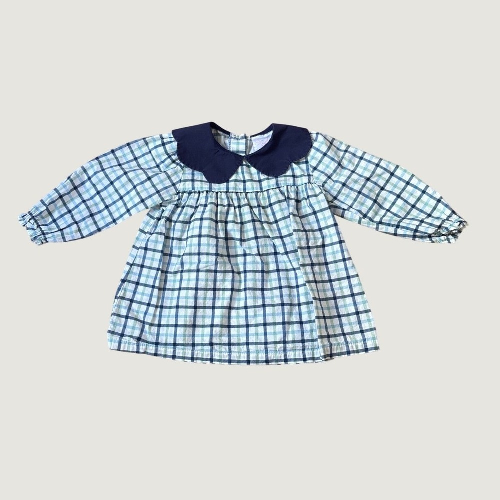 Stitchy Fish Plaid Top Kids Blue Scalloped Peter Pan Collar Vintage SIZE 2T